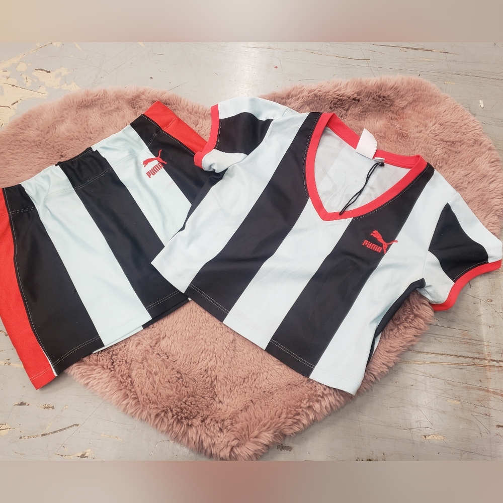 Puma Black and White Striped Athletic Top with Red Trim